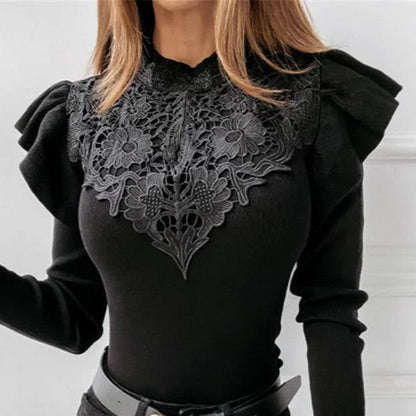 Norvielle Damen Rollkragenpullover Rüschen Spitze