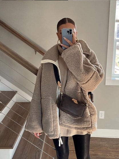 Damen Teddyjacke Oversize Reißverschluss Stehkragen Beige