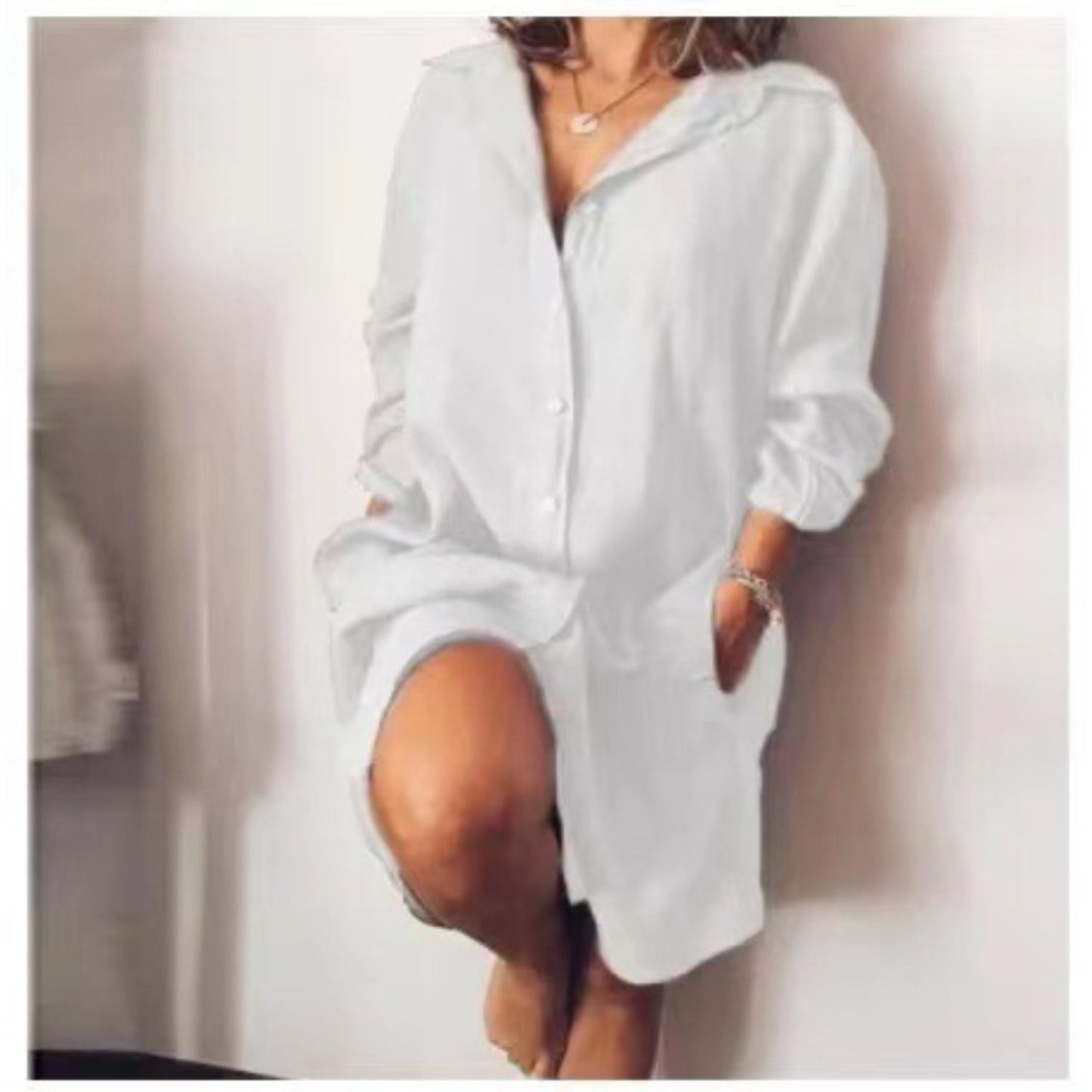 Damen Hemdkleid mit Knöpfen und Reverskragen Luftig Elegant Beige