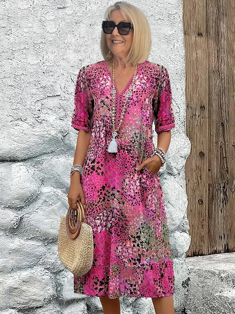 Damen Sommerkleid V-Ausschnitt Allover-Muster Knielang Bequem