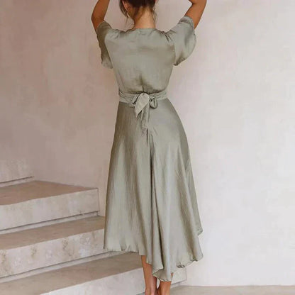 Damen Midikleid V-Ausschnitt Flatterärmel