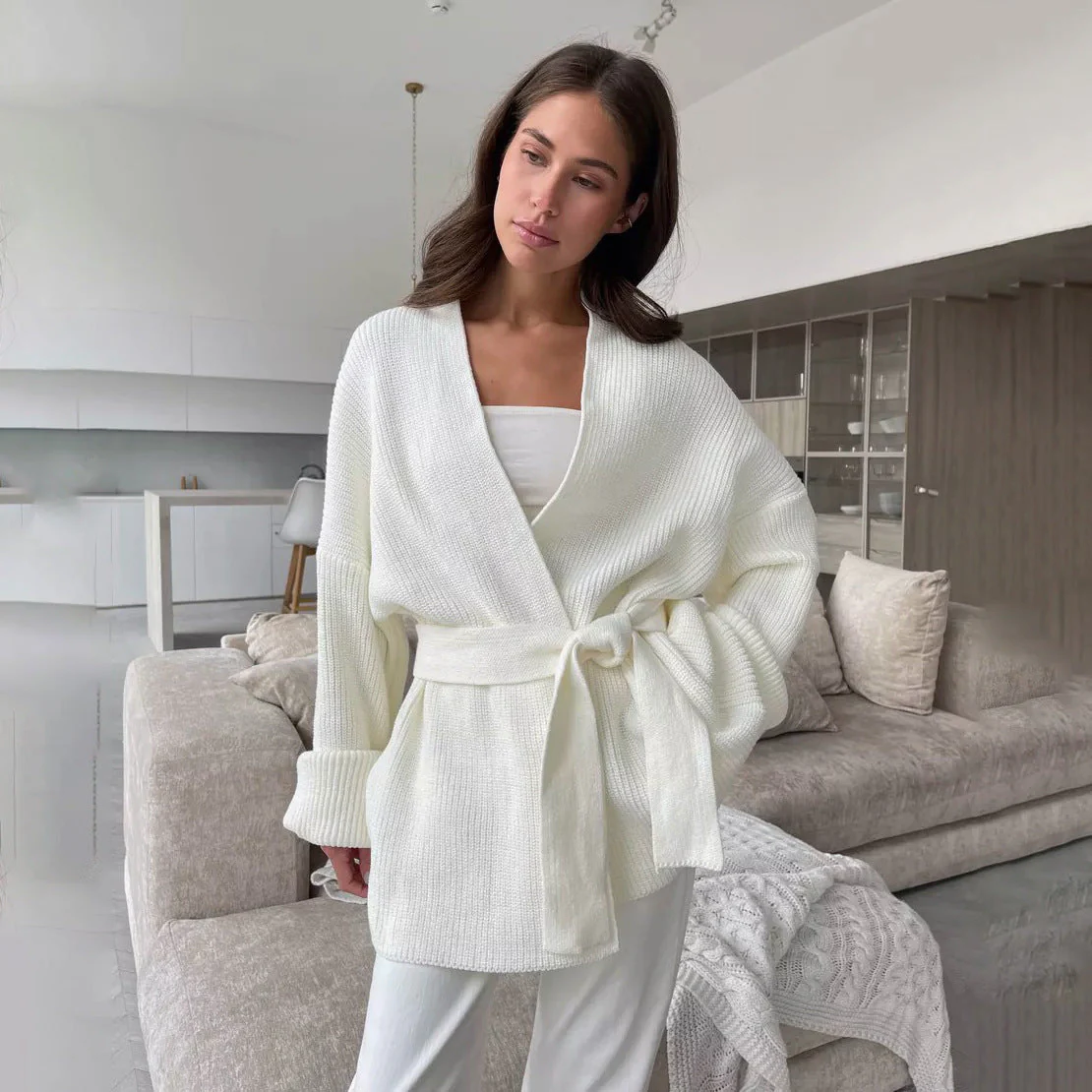 Damen Cardigan Wickelstil Strickgürtel Relaxed Fit Rippenstruktur
