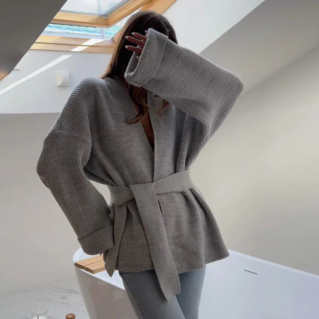 Damen Cardigan Wickelstil Strickgürtel Relaxed Fit Rippenstruktur - Norvielle