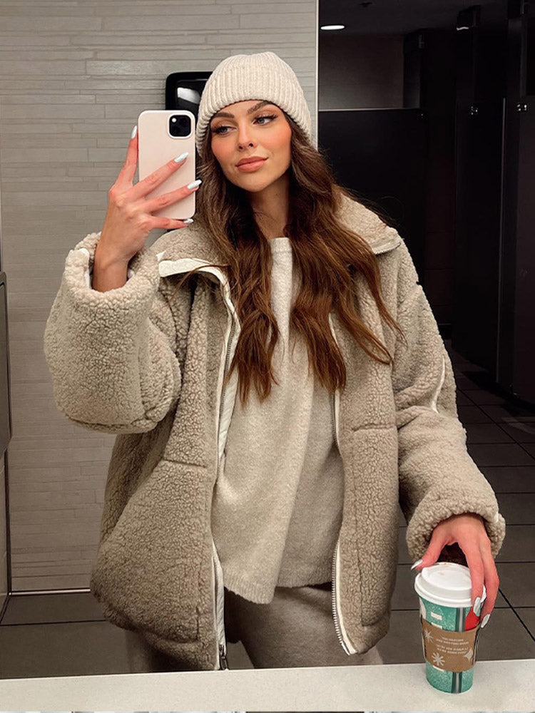 Damen Teddyjacke Oversize Reißverschluss Stehkragen Beige