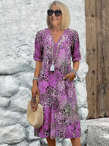 Damen Kleid V-Ausschnitt Knie­länge Musterdesign
