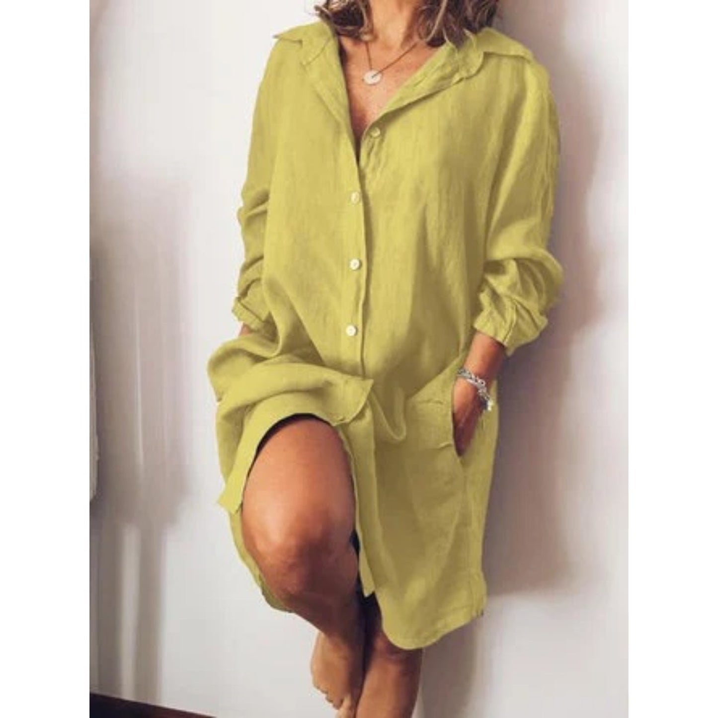 Damen Hemdkleid mit Knöpfen und Reverskragen Luftig Elegant Beige - Norvielle