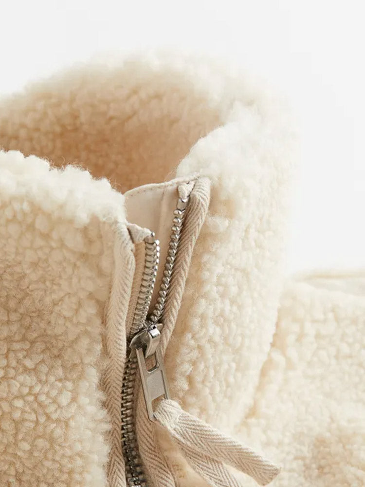 Damen Teddyjacke Oversize Reißverschluss Stehkragen Beige