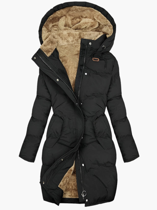 Damen Steppmantel Fleece Kapuze Reißverschluss Schwarz - Norvielle