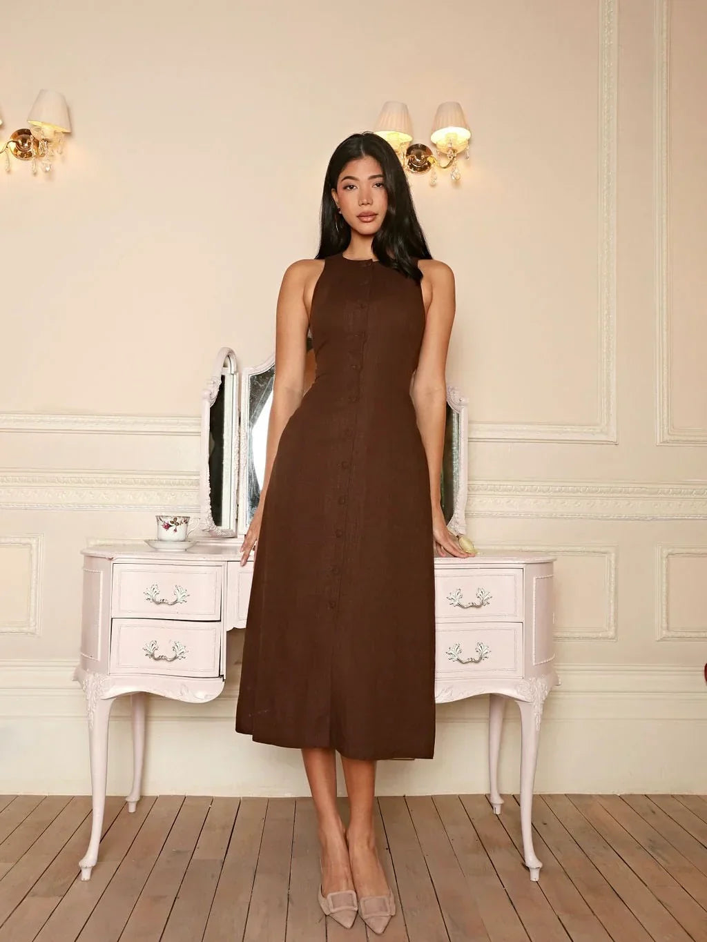 Damen Leinen Midikleid Ärmellos Figurbetonter Schnitt