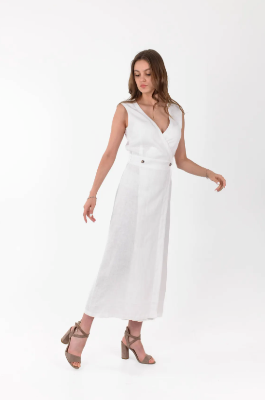 Damen Wickelkleid Leinen Ärmellos Weiß - Norvielle