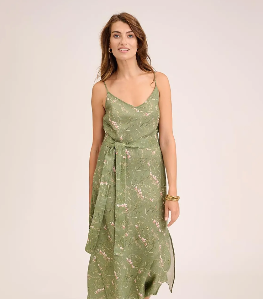 Damen Leinenkleid Blumendruck Grün - Norvielle