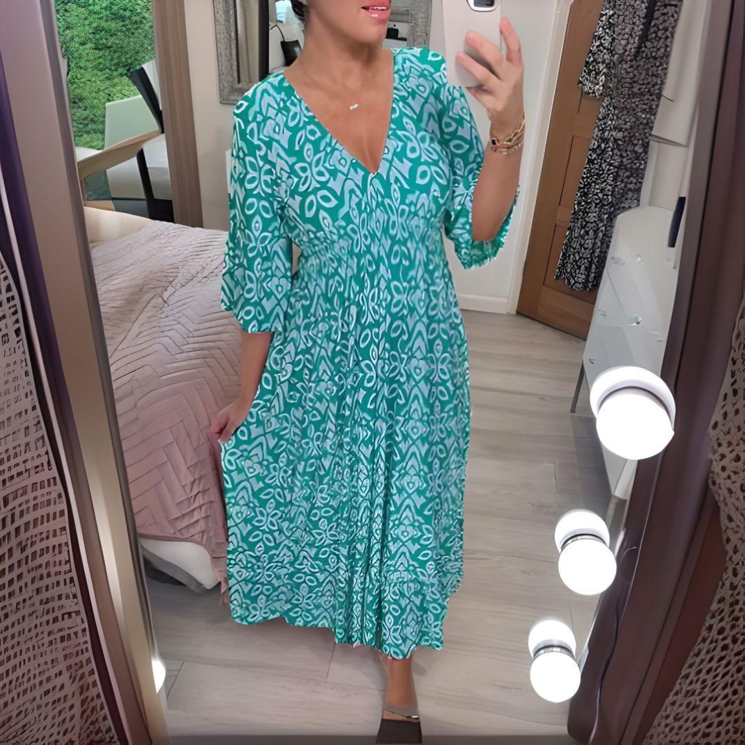 Damen Boho-Kleid V-Ausschnitt Grafisches Muster Knöchellang