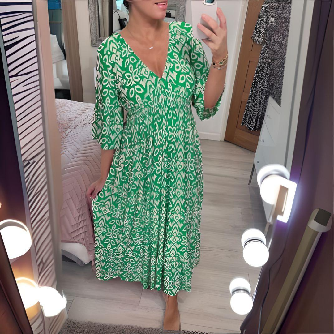 Damen Boho-Kleid V-Ausschnitt Grafikmuster Knöchellang