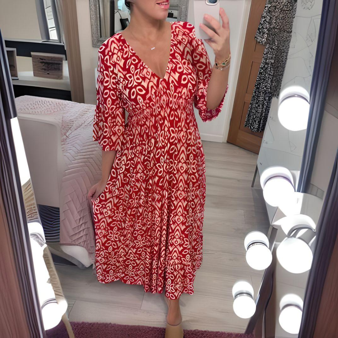 Boho-Kleid Damen V-Ausschnitt Grafisches Muster Knöchellang