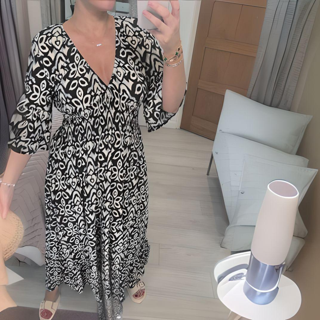Boho-Kleid Damen V-Ausschnitt Grafisches Muster Knöchellang