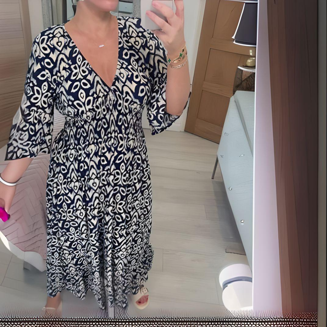 Boho-Kleid Damen V-Ausschnitt Grafisches Muster Knöchellang