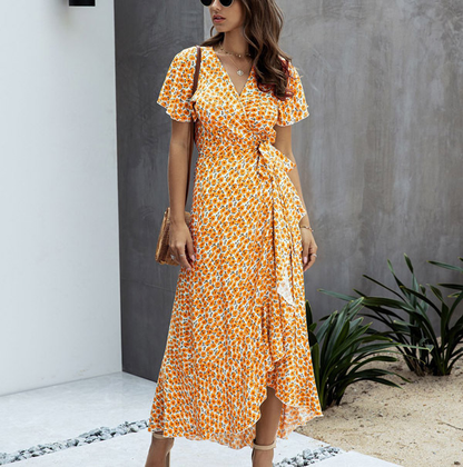 Damen Blumenkleid V-Ausschnitt Rüschen Sommerlich Elegantes Design