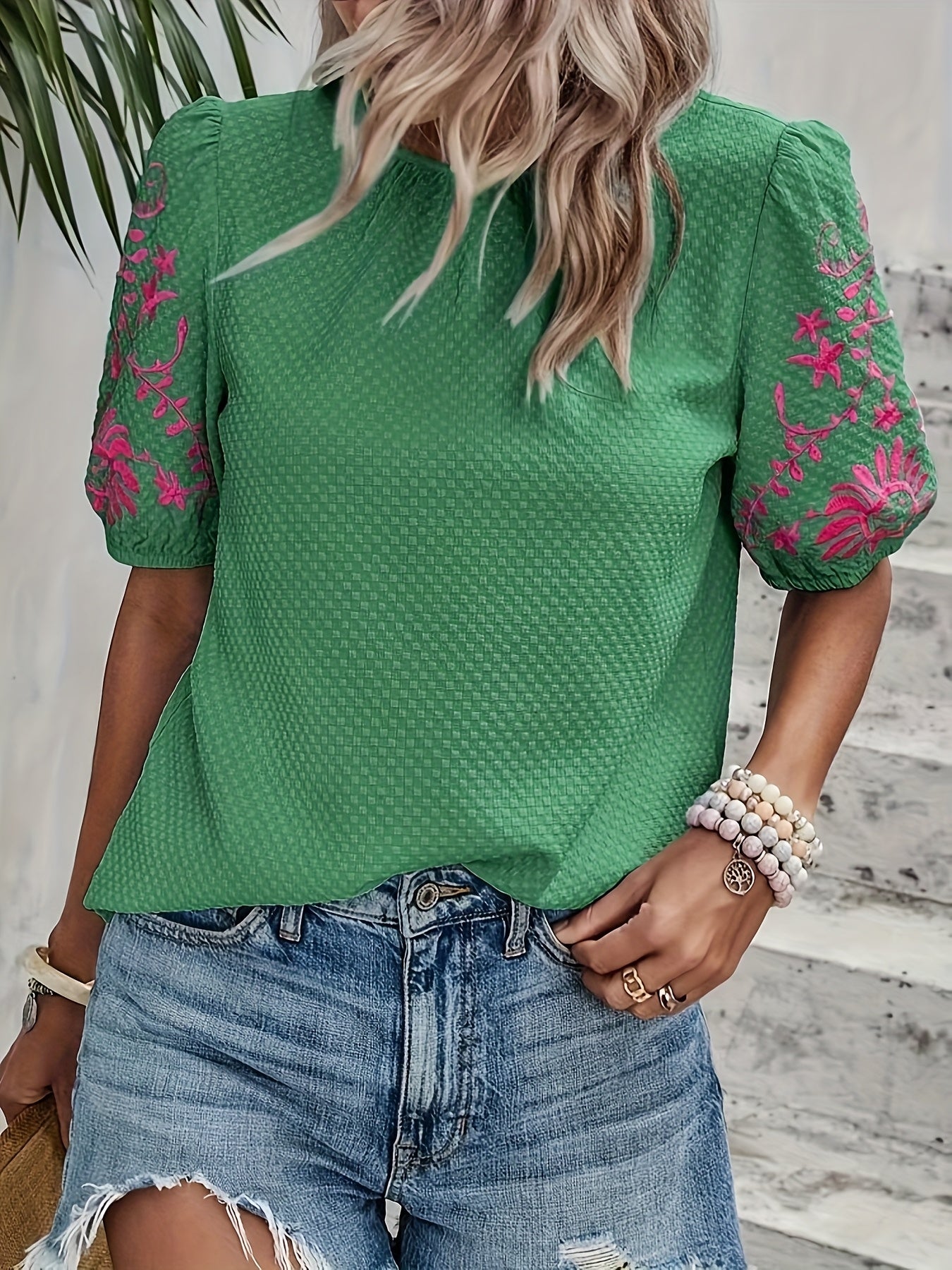 Damen Blusenshirt Puffärmel Florale Stickerei Weiß