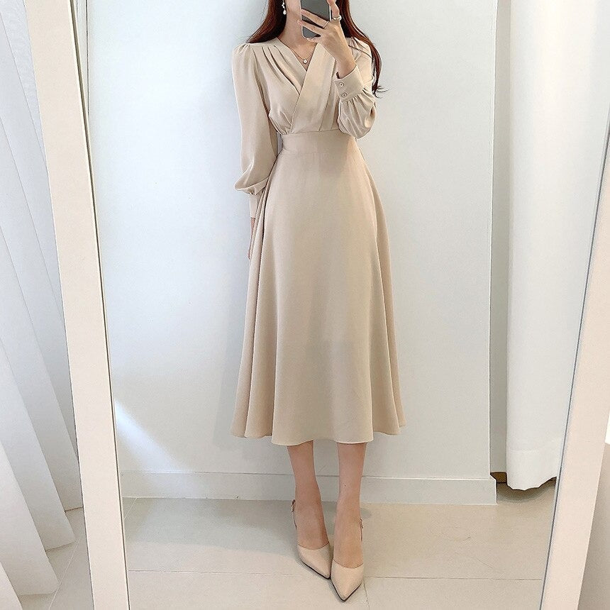 Elegantes Damenkleid mit Puffärmeln V-Ausschnitt A-Linie - Norvielle