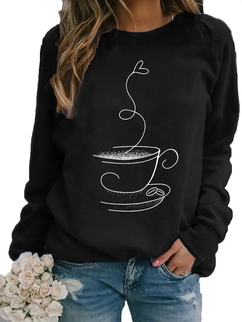 Norvielle Damen Sweatshirt Kaffee Grafik Baumwolle Beige
