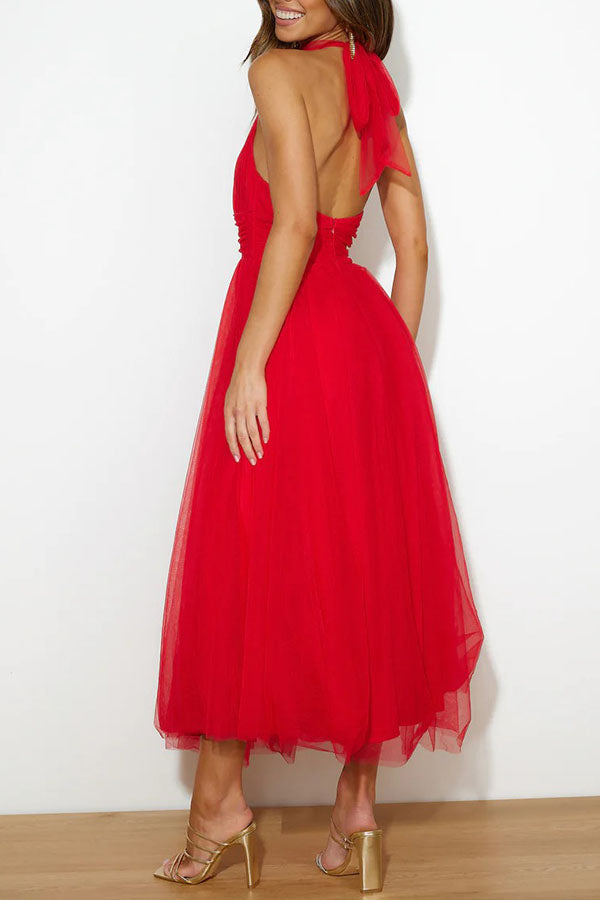 Elegantes Damen Tüllkleid Halterneck Mittellang A-Linie Weiß