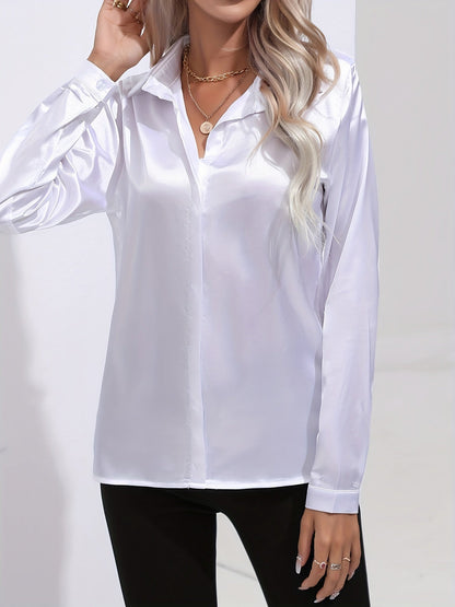 Avelyn Damen Satin-Bluse Reverskragen Knopfleiste Eleganz