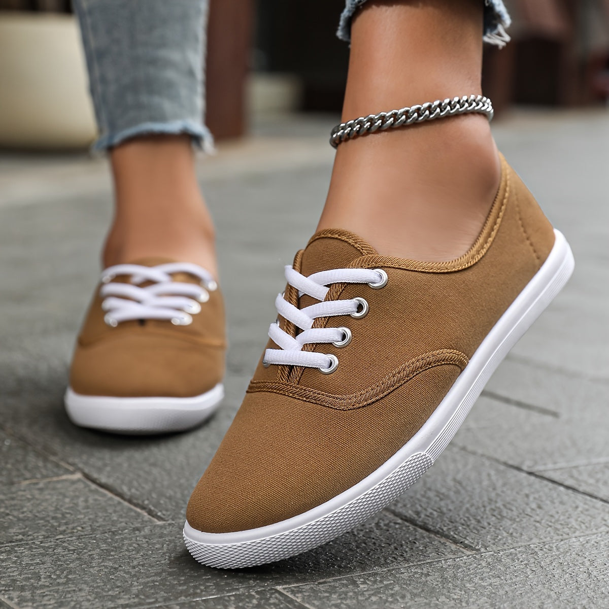 Norvielle Damen Canvas Schnürschuhe Bequem Niedrig Weiß
