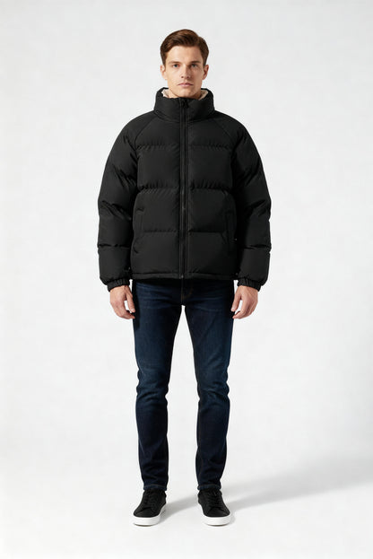 Herren Fleece-Pufferjacke Mit Kapuze Warm Schwarz - Norvielle