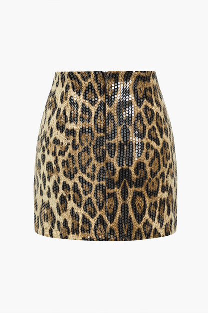 Lunaria Damen Minirock Pailletten Leopard-Print