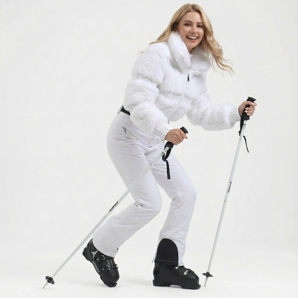 Damen Ski-Jumpsuit Kunstfell Taillenschnitt