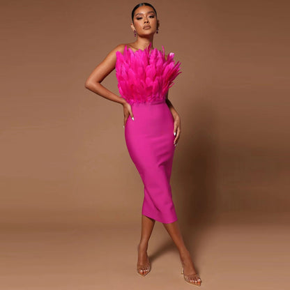 Norvielle Damen Tube--Kleid Federbesatz Elegantes Kleid