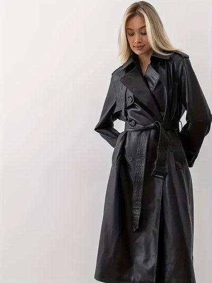 Damen Trenchcoat Langer Gürtetragender Kunstleder