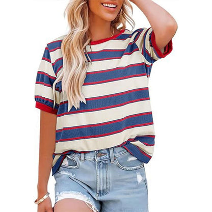 Damen Gestreiftes T-Shirt Rundhalsausschnitt Baumwolle