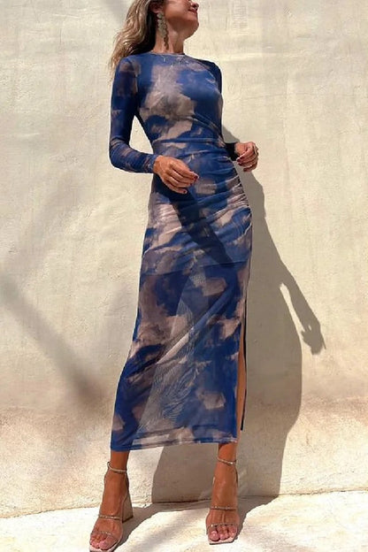 Damen Langarm Midi Kleid aus Stretch mit Rüsch und Mesh-Überzug,
