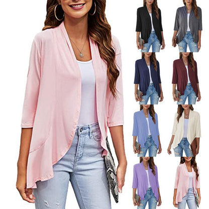 Norvielle Damen Strickjacke Einfarbig 3/4 Ärmel Rüschenrand - Norvielle