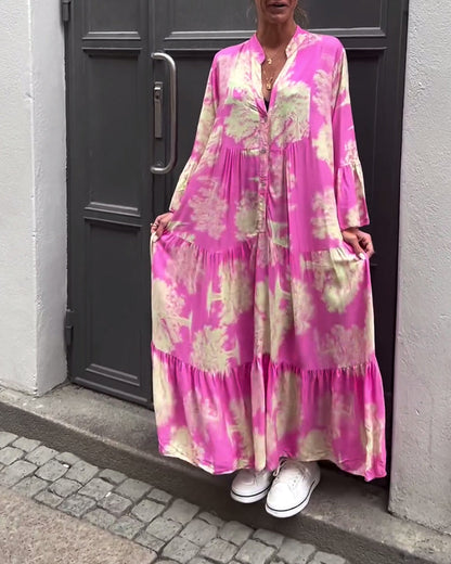 Damen Maxi-Kleid mit Blumenprint Volantärmeln Stehkragen Leicht