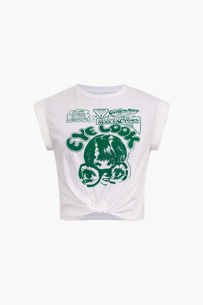 Damen Crop-T-Shirt Grafikdruck Hochgekrempelte Ärmel Knotendetail