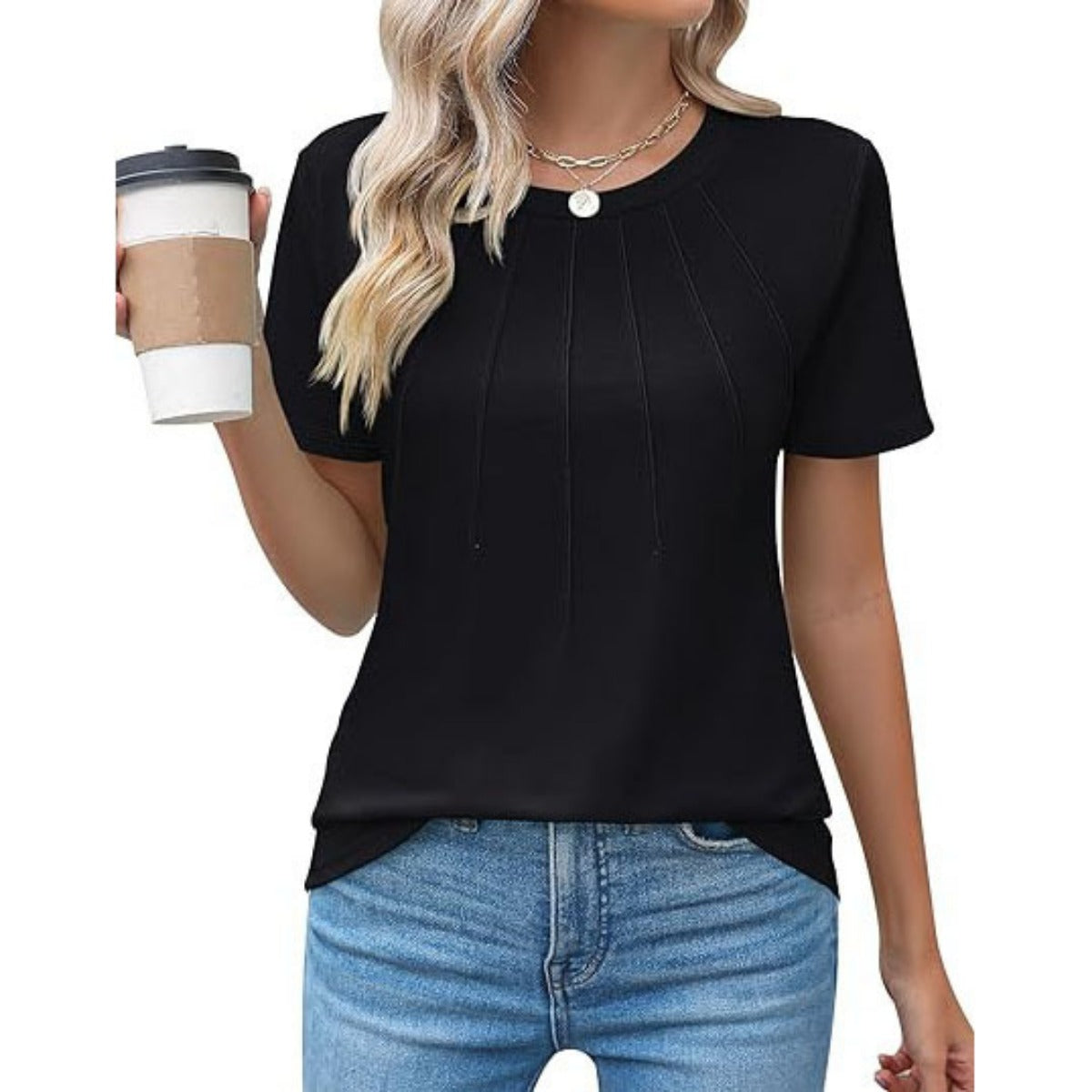 Damen Plissee-T-Shirt Rundhalsausschnitt