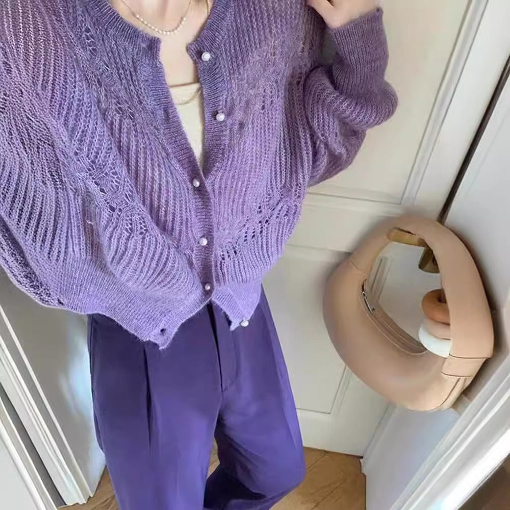 Damen Langarm Cardigan Lila Strick