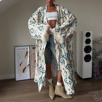 Damen Kimono-Mantel Beige-Türkis Bedruckt Federärmel