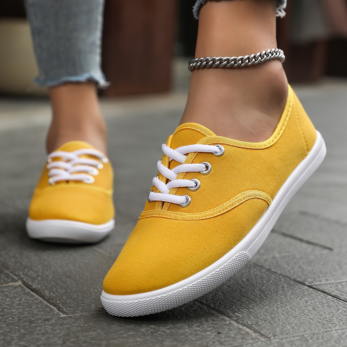 Norvielle Damen Canvas Schnürschuhe Bequem Niedrig Weiß
