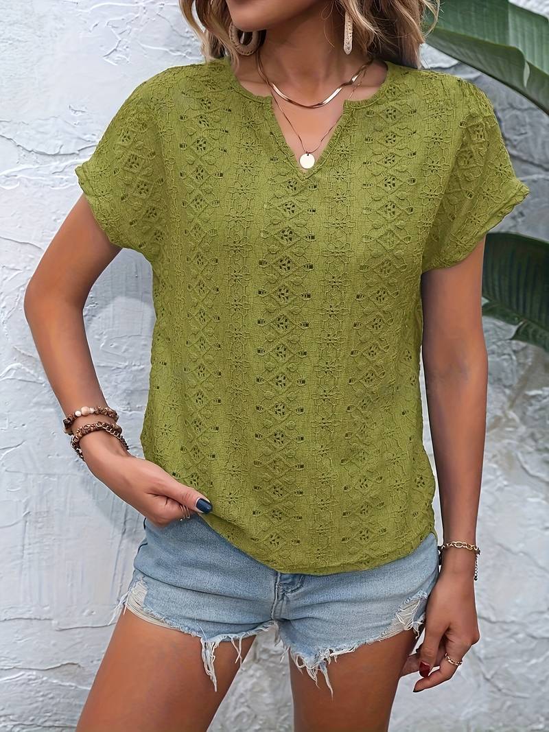 Norvielle Damen T-Shirt Eingekerbter Ausschnitt Lochstickerei