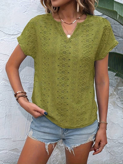 Norvielle Damen T-Shirt Eingekerbter Ausschnitt Lochstickerei