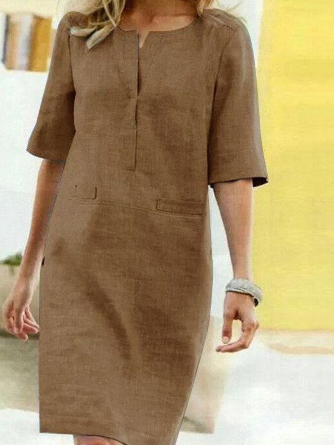 Damen Leinenkleid Baumwolle Elegant Beige