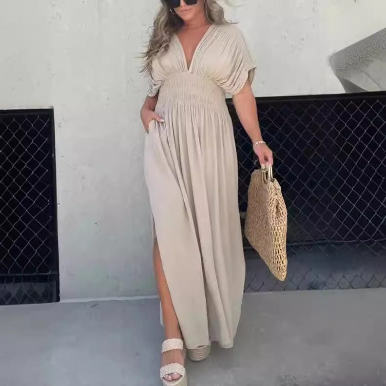 Damen Maxikleid Sommer Langes V-Ausschnitt Schlitz Boho