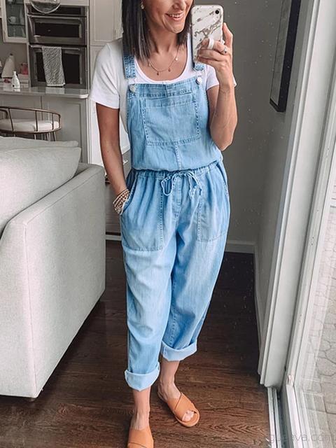 Norvielle Damen Denim Overall Schnürung Blau - Norvielle