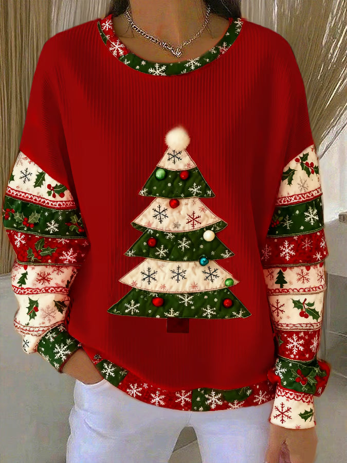 Weihnachtspullover Damen Weihnachtsbaumdruck Rot - Norvielle