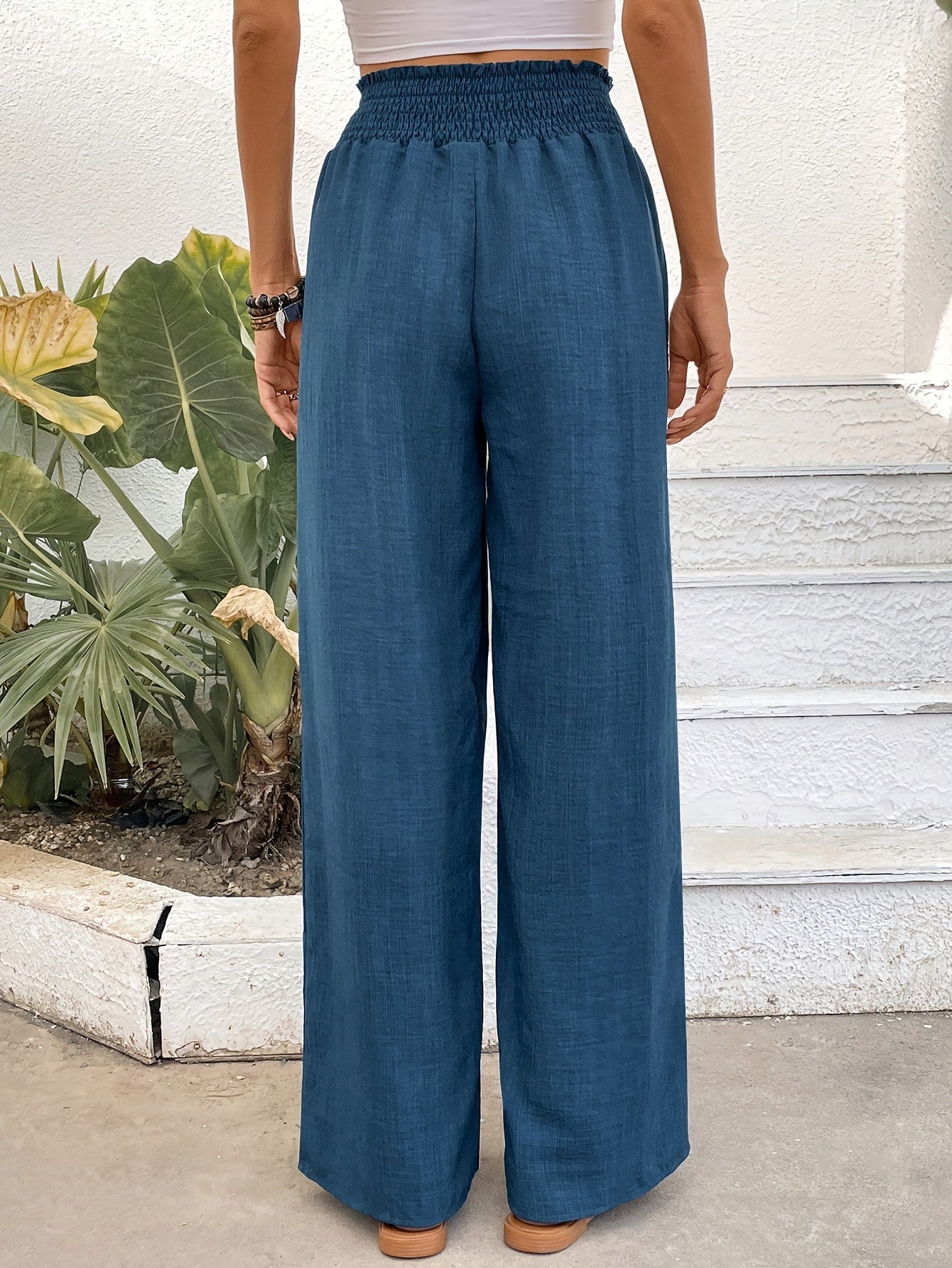 Damen Leinenhose Hohe Taille Elastisch Weites Bein Sommer Beige