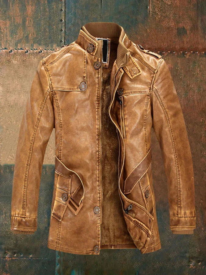 Herren Lederlook Mantel Lang Vintage Stil
