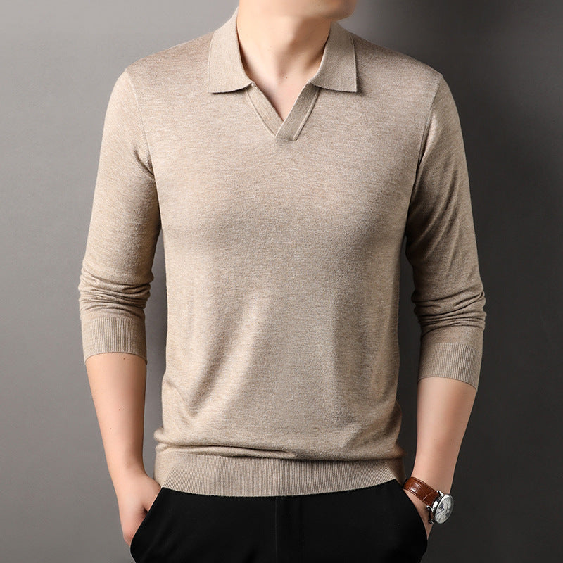 Herren Polo-Shirt V-Ausschnitt Langarm Baumwolle Weiß